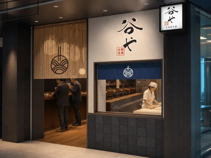 谷やTOKYO（東京駅・八重洲）の外観。毛筆の店名と、製麺場を見せる窓